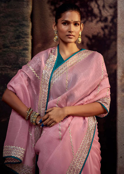Pink and Blue Embroidered Festive Saree