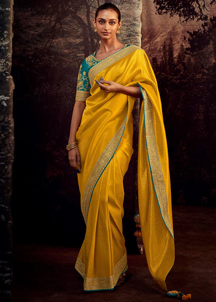 Yellow and Turquoise Embroidered Festive Saree