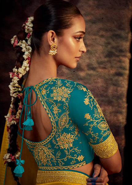 Yellow and Turquoise Embroidered Festive Saree