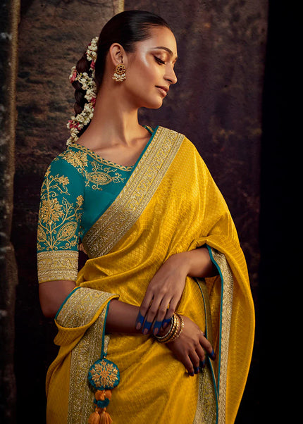 Yellow and Turquoise Embroidered Festive Saree