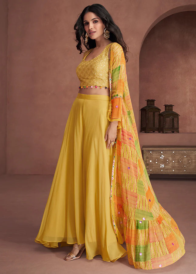 Yellow Embroidered Jacket Style Sharara Suit