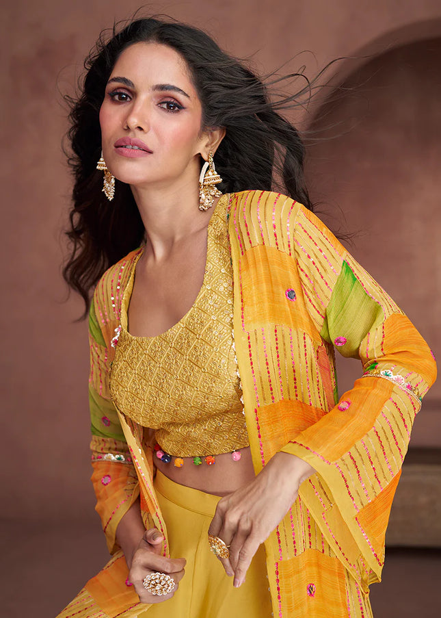 Yellow Embroidered Jacket Style Sharara Suit