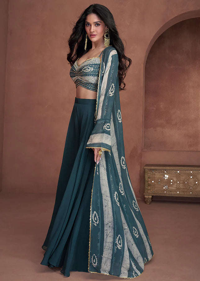 Teal Blue Embroidered Jacket Style Sharara Suit
