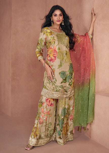 Beige Green Printed and Embroidered Gharara Suit