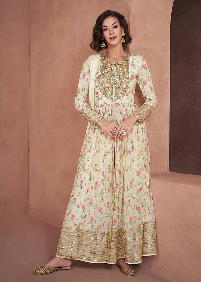 Offwhite Printed and Embroidered Anarkali Gown