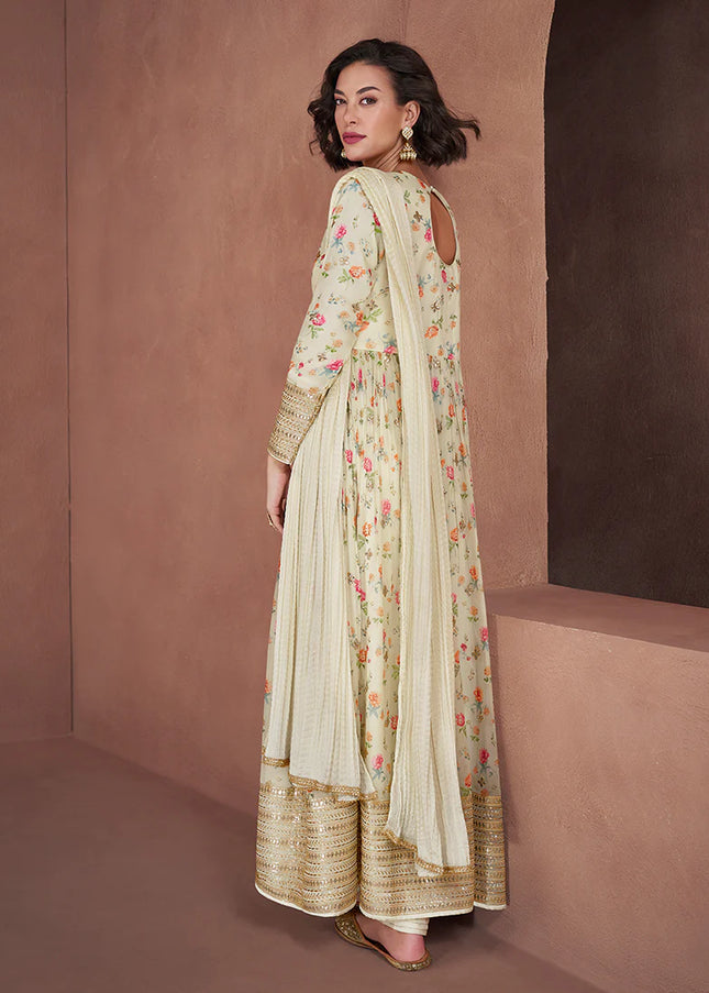 Offwhite Printed and Embroidered Anarkali Gown