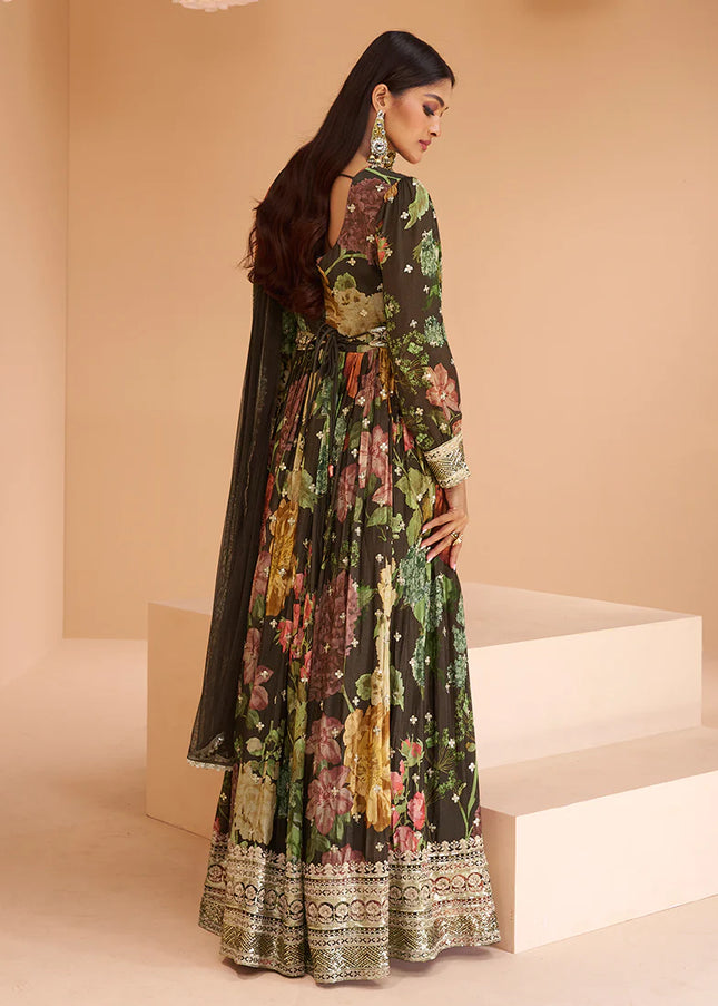 Black Multicolor Printed + Embroidered Anarkali Gown