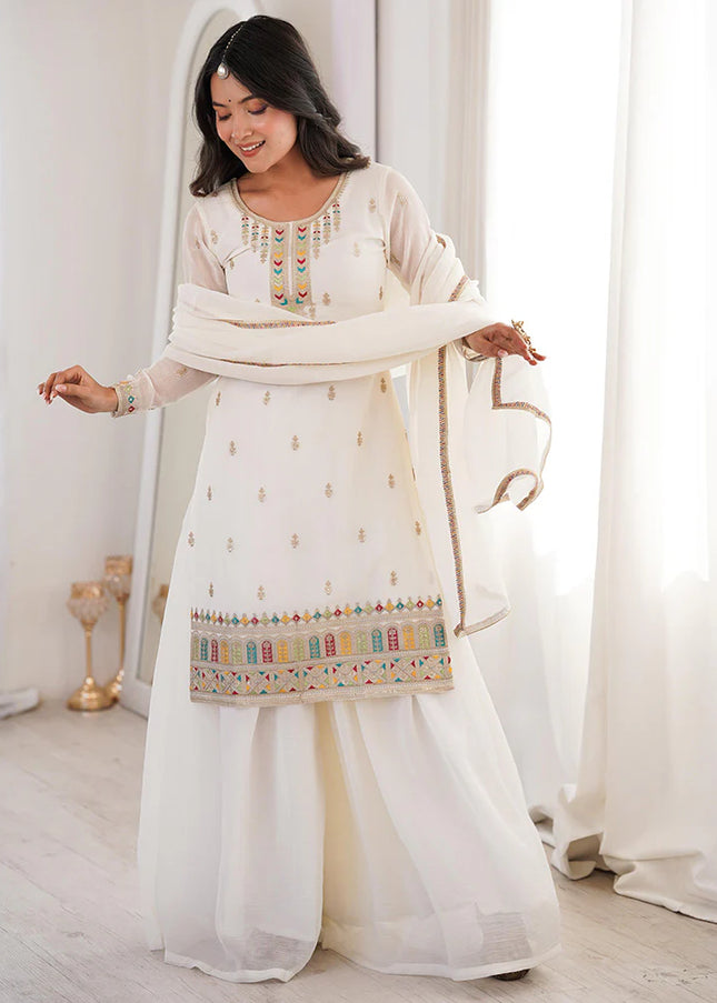 White Embroidered Sharara Suit