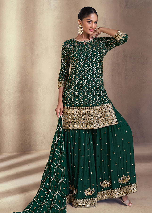 Bottle Green Embroidered Gharara Suit