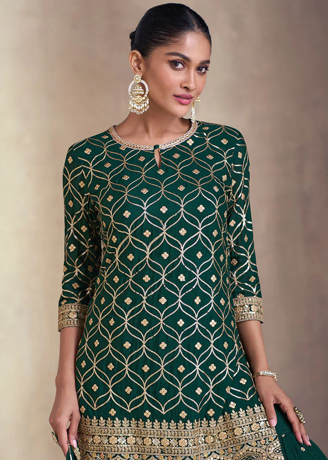 Bottle Green Embroidered Gharara Suit
