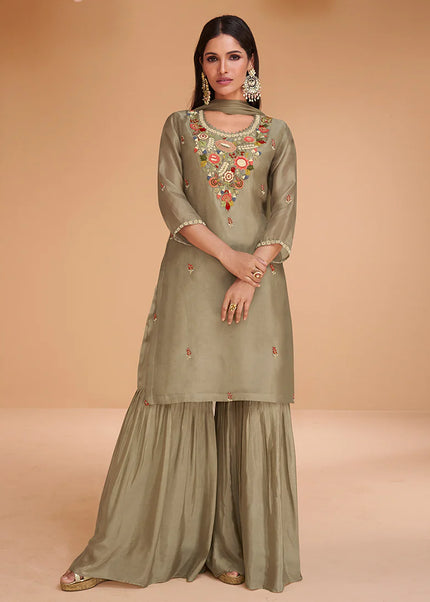 Olive Green Embroidered Gharara Suit