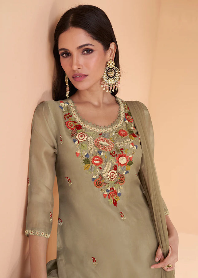 Olive Green Embroidered Gharara Suit