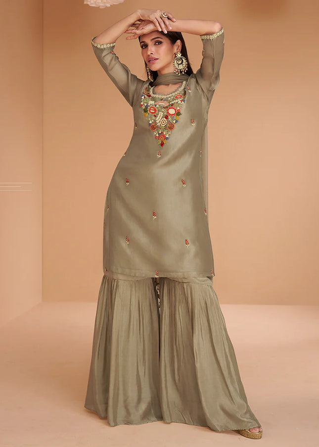 Olive Green Embroidered Gharara Suit