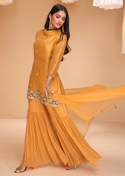 Mustard Yellow Embroidered Gharara Suit