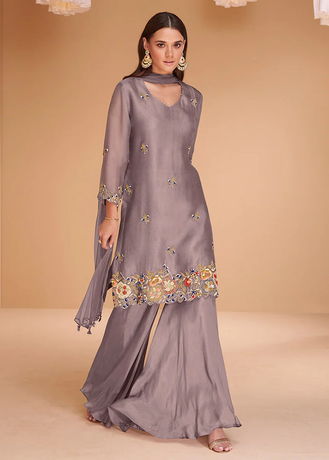 Lavender Embroidered Gharara Suit