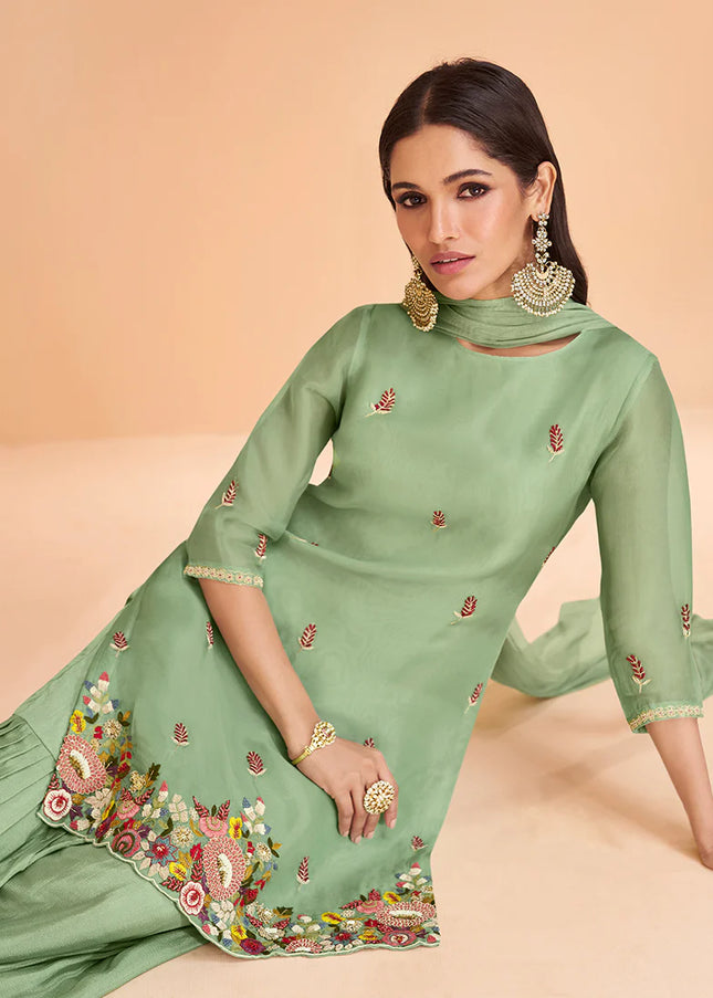 Light Green Embroidered Gharara Suit