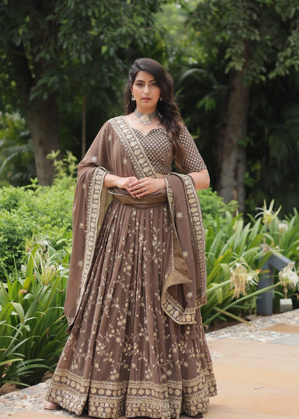 Brown Embroidered Lehenga Choli