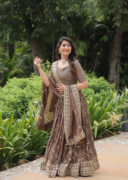 Brown Embroidered Lehenga Choli