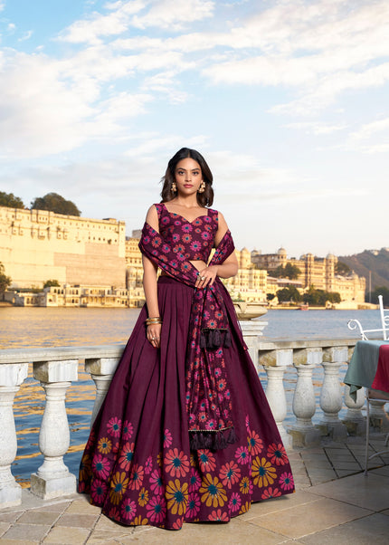 Wine Embroidered Lehenga Choli