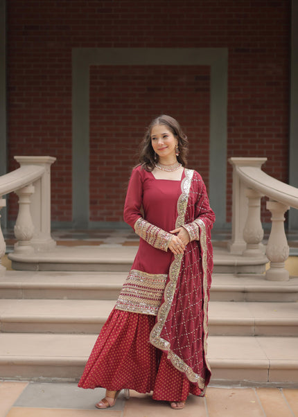 Maroon Embroidered Gharara Suit