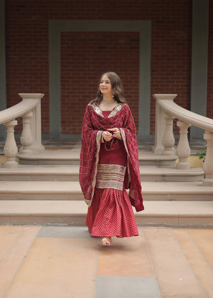 Maroon Embroidered Gharara Suit