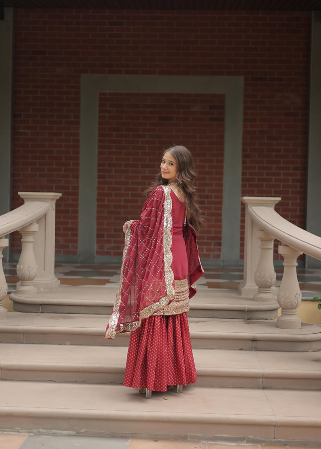 Maroon Embroidered Gharara Suit