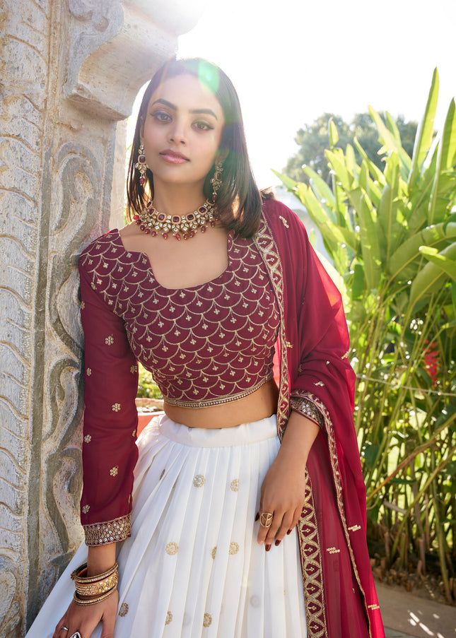 Maroon and White Embroidered Lehenga Choli