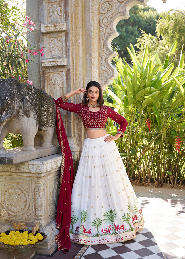 Maroon and White Embroidered Lehenga Choli