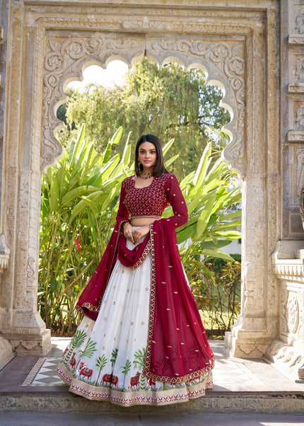 Maroon and White Embroidered Lehenga Choli