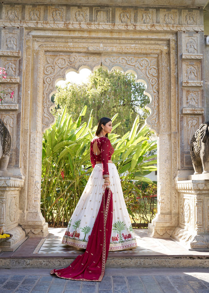 Maroon and White Embroidered Lehenga Choli