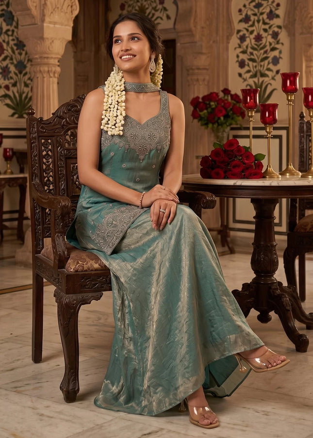 Sea Green Embroidered Sharara Suit