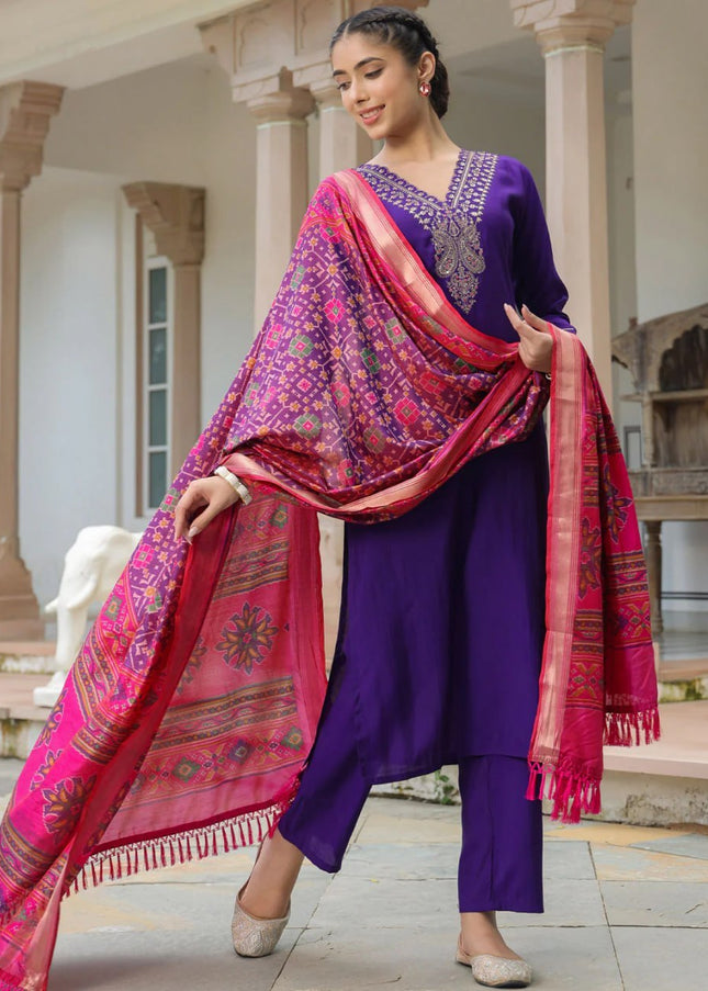 Purple Embroidered Pant Style Suit