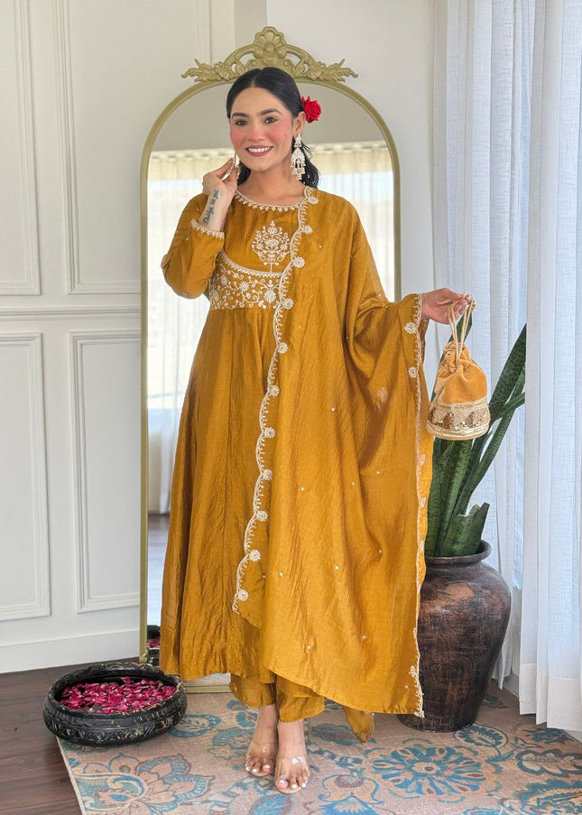Mustard Yellow Embroidered Pant Style Suit
