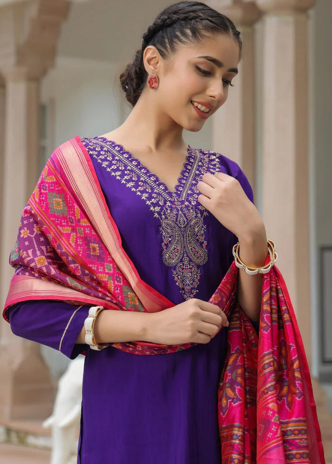 Purple Embroidered Pant Style Suit