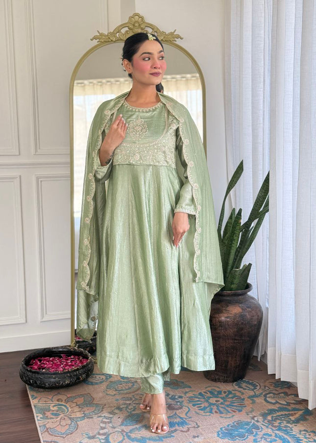 Sea Green Embroidered Pant Style Suit