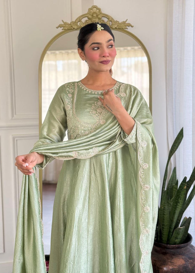 Sea Green Embroidered Pant Style Suit