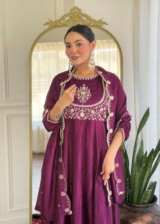 Purple Embroidered Pant Style Suit