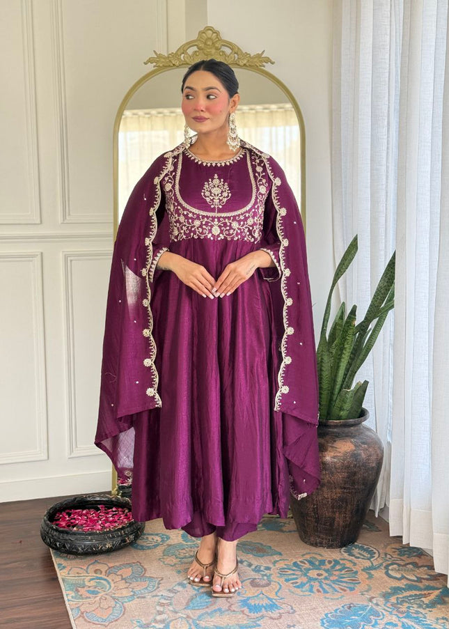 Purple Embroidered Pant Style Suit