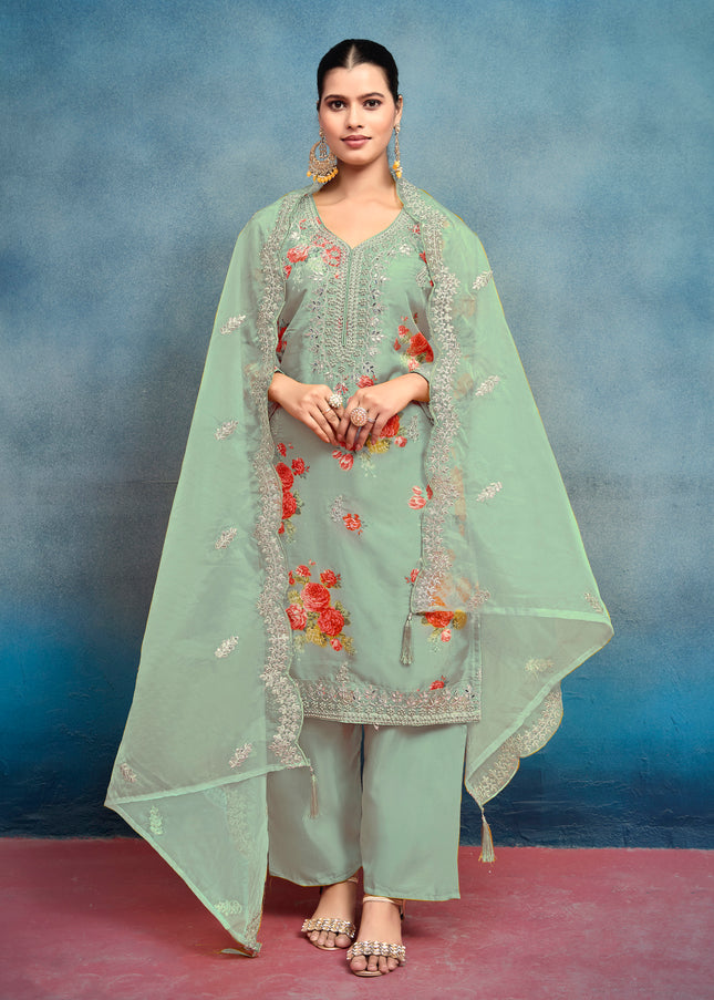 Sea Green Embroidered Pant Style Suit