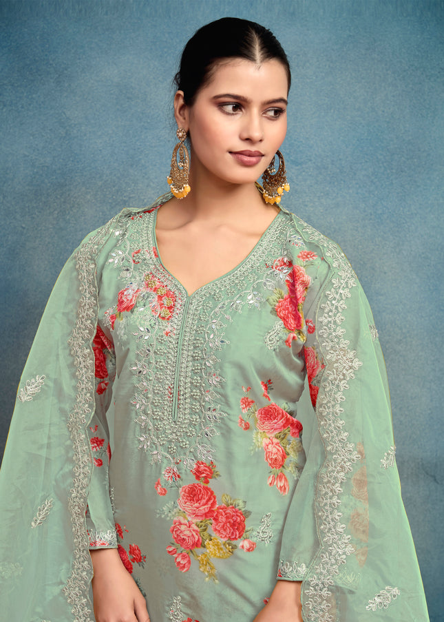 Sea Green Embroidered Pant Style Suit
