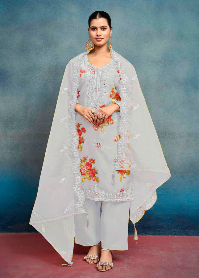 Grey Embroidered Pant Style Suit