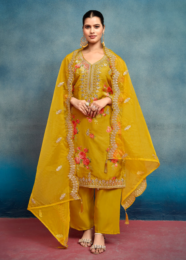 Mustard Yellow Embroidered Pant Style Suit
