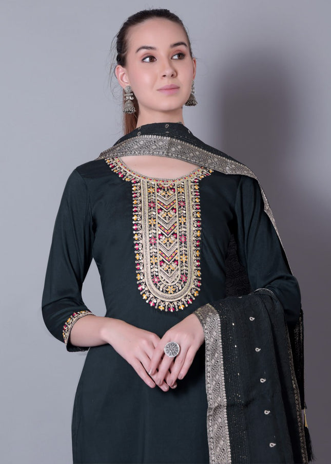 Dark Green Embroidered Pant Style Suit