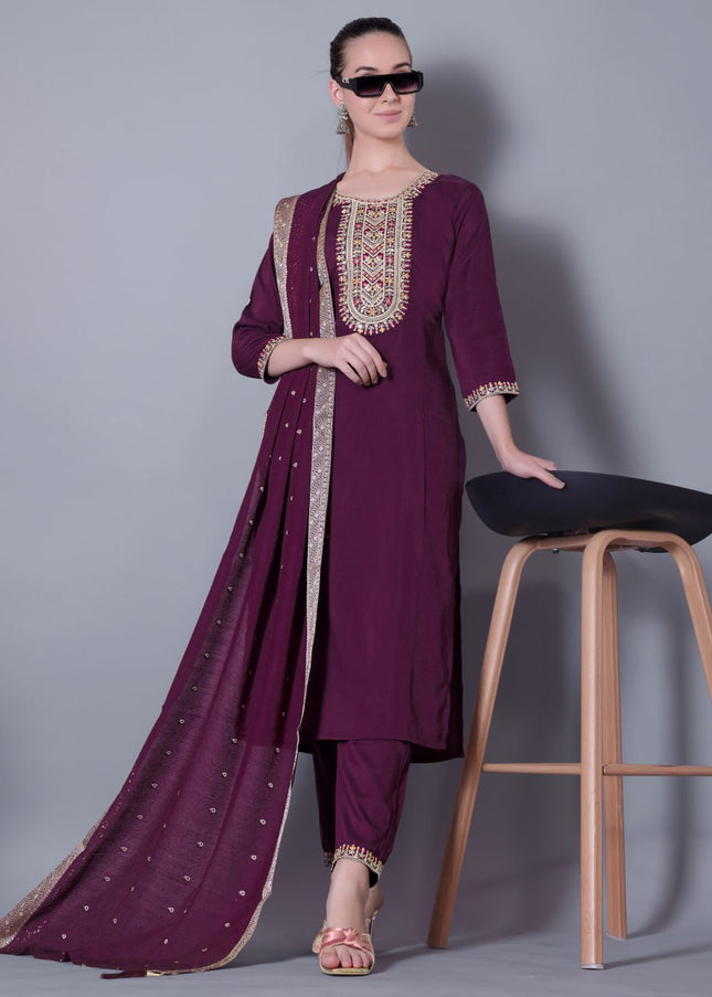 Purple Embroidered Pant Style Suit