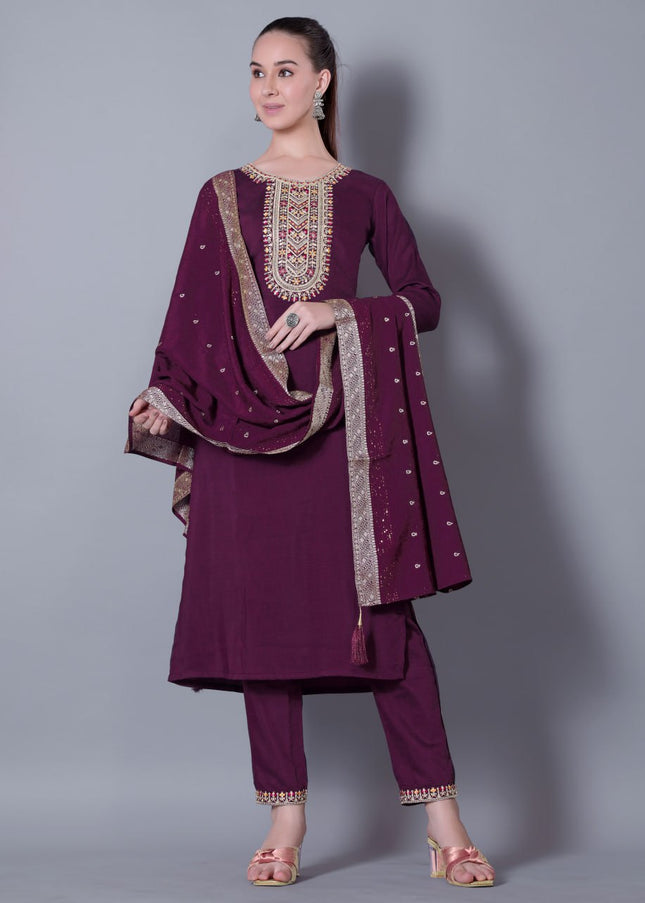 Purple Embroidered Pant Style Suit