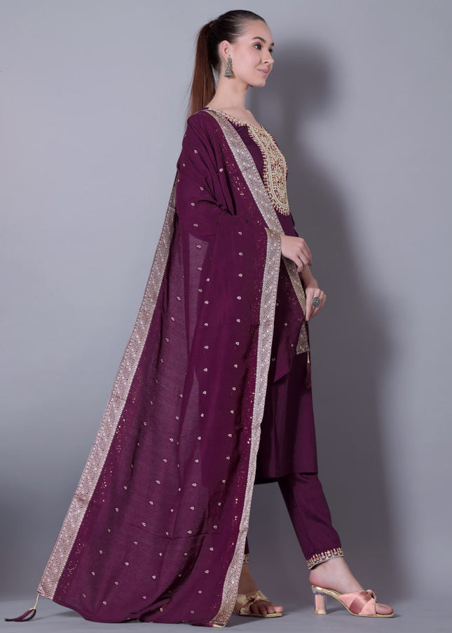Purple Embroidered Pant Style Suit