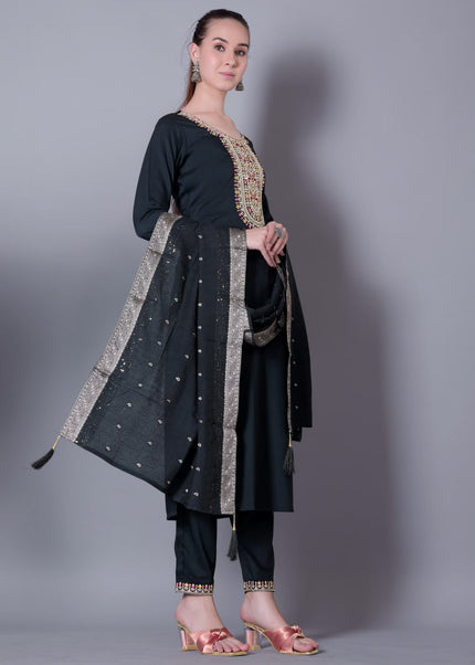 Dark Green Embroidered Pant Style Suit