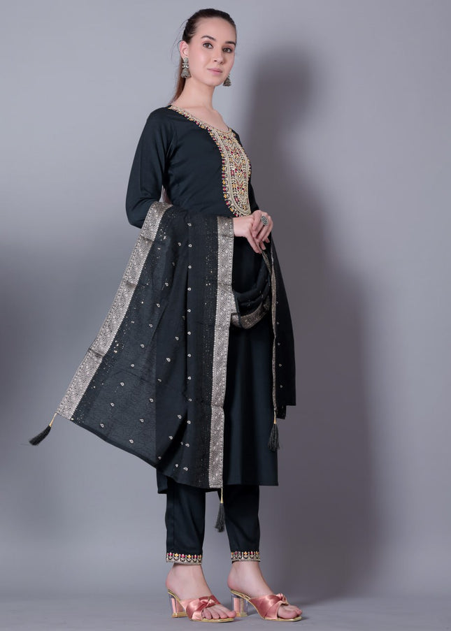 Dark Green Embroidered Pant Style Suit