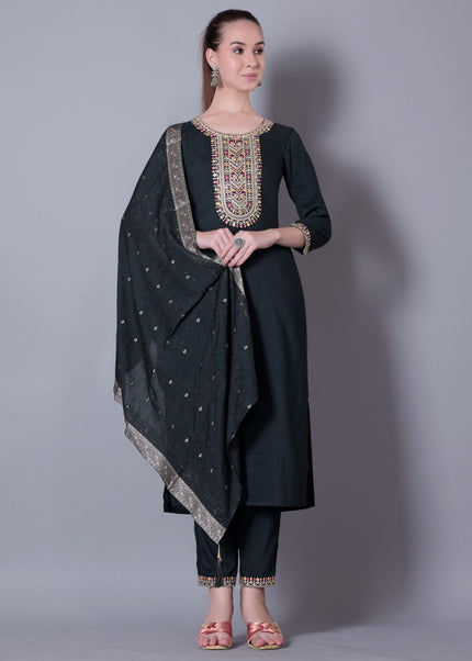 Dark Green Embroidered Pant Style Suit