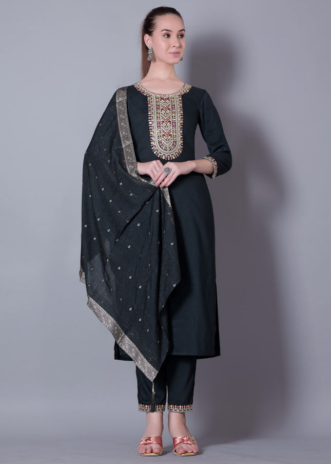 Dark Green Embroidered Pant Style Suit